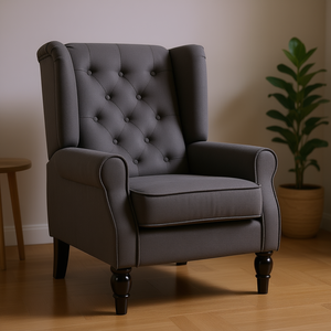 Poltrona Imbottita Grigio Scuro con Braccioli Rotondi e Gambe in Legno, Arredamento per Soggiorno - Product Image 2