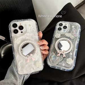 Funda de Teléfono con Espejo, Lazo de Mariposa y Perlas de Lujo <span class=keywords><strong>para</strong></span> <span class=keywords><strong>iPhone</strong></span> 11 12 13 14 15 16 Pro Max, Carcasa Trasera de Resina Epoxi <span class=keywords><strong>para</strong></span> <span class=keywords><strong>Mujer</strong></span> - Product Image 2