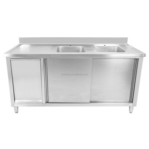 Stainless Steel Commercial <b>Sink</b> Cabinet with 2 Right Bowls Sliding Doors Backsplash Adjustable Feet for Catering - Product Image 4