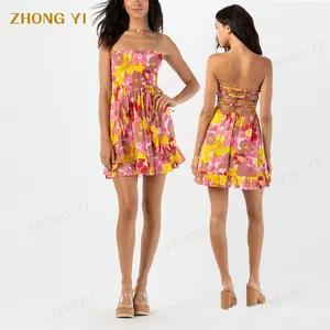 Clothing Manufacturer Custom Cotton Printing Strapless Mini Skirt Design Summer Beach Women Short Casual Dress