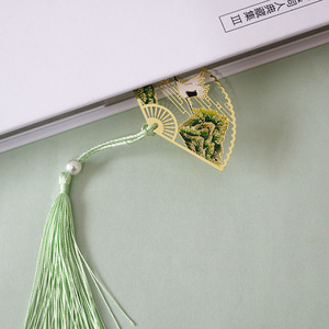 Elegante Marcador Metálico en Forma de Abanico con Borla y Perla, Artesanía Oriental en Esmalte, Papelería Creativa, Regalo de Recuerdo para Mujeres - Product Image 3