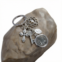 Porte-clés religieux en alliage d'argent avec pendentif croix médaille, pour sac et téléphone