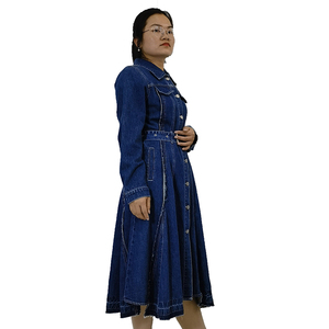 Jeans Denim Usine Jeans pour Femmes Revers Chemise en Denim <span class=keywords><strong>Bleu</strong></span> Robe Manches Longues Boutonnée <span class=keywords><strong>Grand</strong></span> Ourlet une Ligne Jean en Denim Moyen Robe pour Femmes - Product Image 3