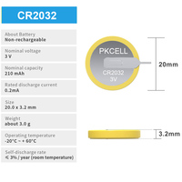 Pila de botón de 210mAh, 2 pines, 3V, CR2032, RTC, respaldo CMOS, CR2032, batería de botón para placa base de ordenador portátil, batería de placa de circuito