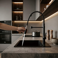Robinet de cuisine flexible en acier inoxydable 304 noir avec jet cascade laminar, mitigeur eau chaude et froide