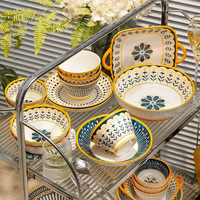 Service de vaisselle en céramique écologique à motif floral personnalisé Bohemian Frost, compatible micro-ondes, bols à soupe/riz de 4,5 pouces, saladier