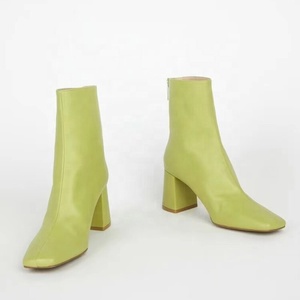 Bright Solid Color Women's Leather Short <b>Boots</b> Square Toe Back Zipper Ankle Booties 6cm Medium Chunky Heels Shoes - Product Image 4