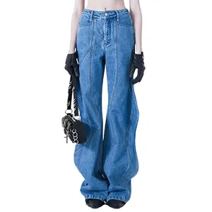 Vente en gros Jeans délavés Pantalon denim vague élégant à jambes larges Jeans baggy empilés unisexe pour femmes