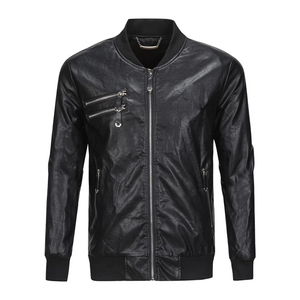 <b>Men</b> Leather Jacket Stand Collar <b>Zip</b> Up Bomber Style Water Resistant Windproof Casual Outerwear Custom Logo - Product Image 1
