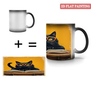 Frosted Black 11oz <b>Ceramic</b> Mug Heat Changing <b>Cup</b> With Cat Painting Design - Product Image 4