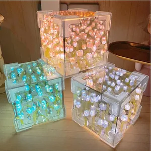 Creative Room Decor Infinite Tulip Mirror Night Light Material Handmade DIY Tulip Lamp Artifical Magic Square Tulip Flower Lamp