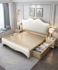 Lit Double King Size Moderne en Bois Massif Capitonnée et Sculptée, avec Rangement, pour Chambre Parentale de Villa – Mobilier de Luxe - Product Image 3