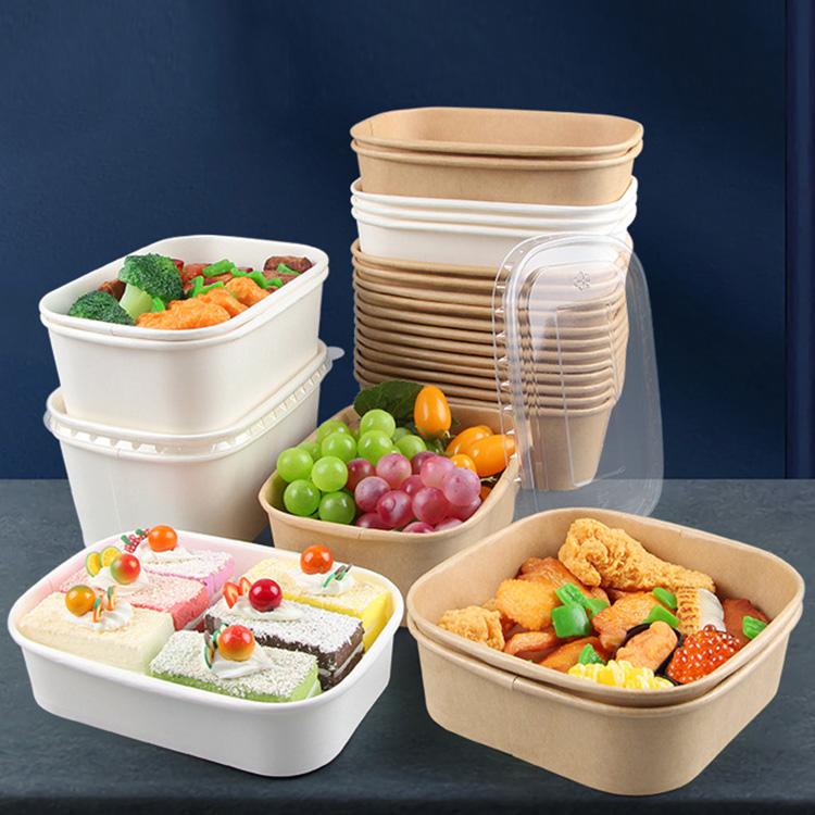 Reusable Food Grade Disposable Square Kraft Paper Salad Bowl Soup Cup for Takeaway Food Packaging for Cookie Fruit Sandwiches
