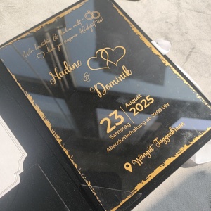 Custom Gold Foil Monogram Faire <strong>Part</strong> De Mariage clear Acrylic Wedding Invitation Card with Black Velvet Folio Pocket RSVP Set - Product Image 2