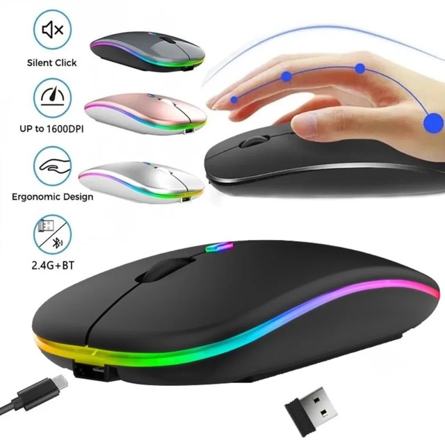 2.4G Mini Backlit Optical LED Slim Wireless Mouse Portable USB for Mac Laptop Windows RGB 1600 Rechargeable ABS Ergonomic