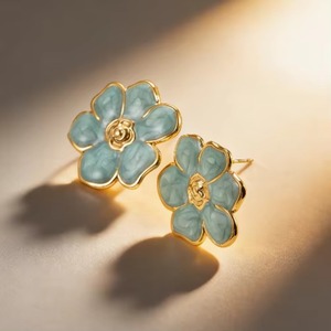 Boucles <span class=keywords><strong>d</strong></span>'oreilles en émail multicolores, clous en forme de camélia avec bordure dorée, bijoux hypoallergéniques pour femmes - Product Image 3