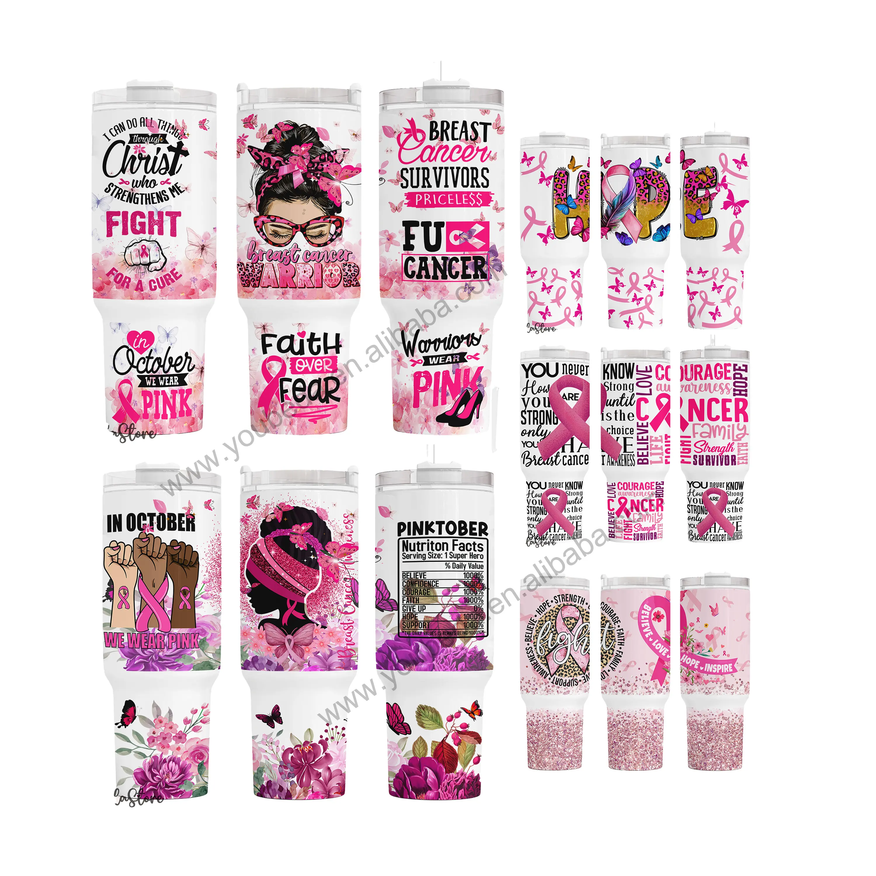 Individueller Brandbekanntmachungs-Band We Wear Pink Überlebende Glaube über Furcht Sublimations-Stänzverlöscher 40 Unzen Becher mit Griff