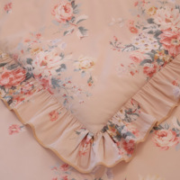 Ensemble de literie 4 pièces 100% coton, housse de couette florale romantique avec jupe de lit à volants multicouches et bordure en dentelle brodée