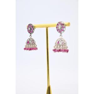 Vintage Bell Shape Oxidised Jhumki Earrings Bezel Set <b>Pink</b> Zircon Inlay Antique Silver Plated Women's Wedding Jewelry Manish - Product Image 1