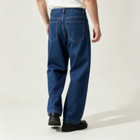 Jean en denim bleu foncé pour homme Amber Stitch, coupe ample à jambe large, cinq poches, passants de ceinture, rivets, pour usage quotidien