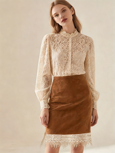 Women's Caramel <b>Suede</b>-Like Knitted Pencil Skirt Airy Vintage Knee-Length Casual Elegant Autumn - Product Image 3