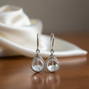E540 White <b>Crystal</b> Earrings 925 Silver <b>Water</b> Drop Bezel Setting Minimalist Women's Everyday Wear - Product Image 2