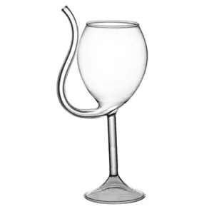 ストロー付きクリエイティブ赤ワイングラス高ゴロケイ酸ガラスワインカップクリアジュースカップ