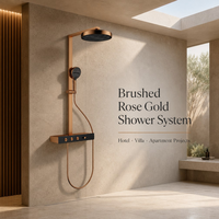 Sistem Shower Hujan Termostatis Kuningan Sistem Shower Terpasang di Permukaan Warna Rose Gold Brushed untuk Proyek dan Perlengkapan Kamar Mandi Grosir