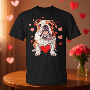 Idée cadeau pour la Saint-Valentin : T-shirt pour chien bouledogue anglais avec motif cœur pour les amoureux des animaux, vêtements promotionnels - Product Image 3