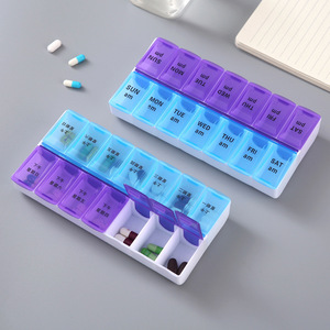 Promotional Plastic Double Row 7 Days Medicine Pill Organizer / 14 Grids Pocket Pill Box / Pill Storage case with Date Letters