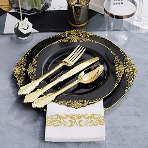Service de vaisselle jetable Baroque pour mariage, desserts et apéritifs, assiettes en plastique transparent <span class=keywords><strong>avec</strong></span> bord doré, tasses, serviettes, fourchettes - Product Image 3