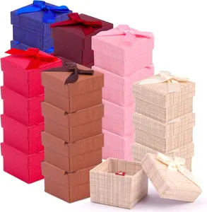 Square Cardboard Paper Jewelry Gift Boxes Earring Ring Box with Bow Cotton Filled Gift Cases Bulk for Wedding