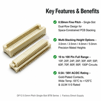 Connecteur carte-carte à fente unique 0,5 mm, boîtier PC mâle/femelle, 10-100 broches, hauteur d'empilage 3-5 mm, SMT, RoHS, PCB DF12