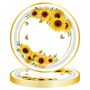 Assiettes en papier sur le thème du tournesol, rondes, impression numérique, ensemble de vaisselle pour fête d'anniversaire, 60-80 pièces, respectueuses de l'environnement - Product Image 2