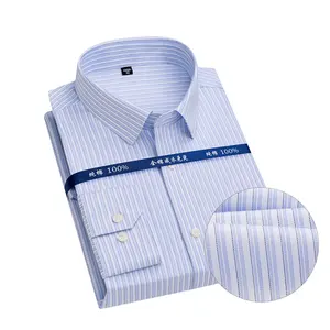 RTS 100% Cotton Men's Grey Blue Stripe Shirt Long Sleeve High Quality Non Iron Dress Shirt For Men