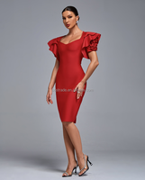 Gaun Koktail Wanita Desain Fashion Terbaru Ocstrade, Warna Solid, Lengan Pendek, Ruffle, Midi, Bodycon, Merah, Model Bandage