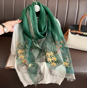 Ready to ship 2024 new spring ladies embroidery flower scarf luxury floral embroidery long sunscreen women's silk wool scarves