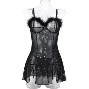 2025 Lingerie Sexy di Alta Qualità, Pigiama Erotico da Donna, Camicia da Notte Lucida, Intimo 2 Pezzi con Pelliccia e Strass, Vestito da Notte con Perizoma - Product Image 6