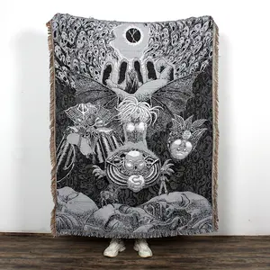 Черно-белый гобелен с рисунком из мультфильма с кисточками, Тканое жаккардовое одеяло на заказ