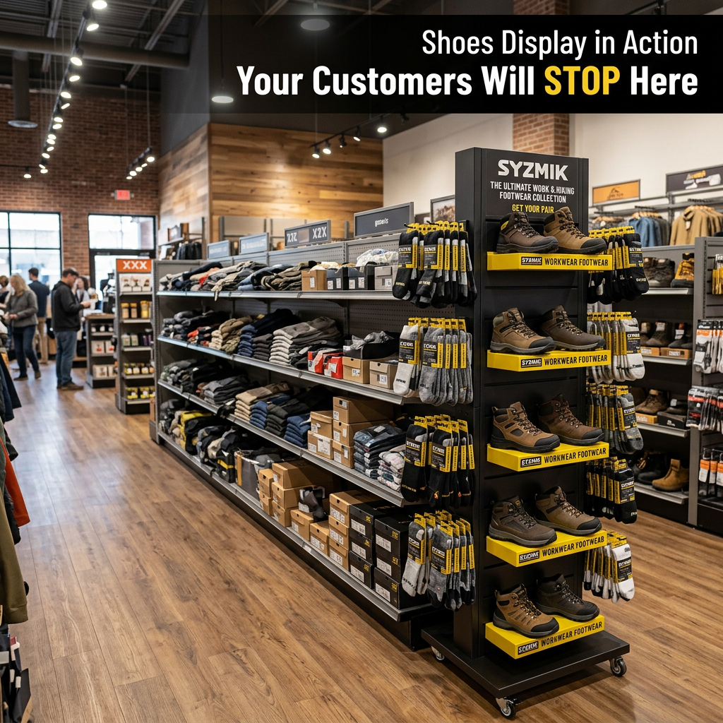 Wholesale Custom Metal Shoes Display Rack Floor Standing Workwear Boots Socks Sneaker Tower Stand Hooks Slatwall Retail Fixture — view 2