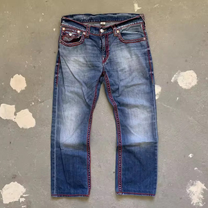 ディズニーカスタムハイストリート刺繍入りダメージジーンズヴィンテージデニムジーンズ卸売ダークウォッシュダメージ加工ストリートウェアジーンズ - Product Image 4