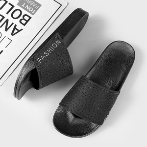 Black PU Slide Sandals Open Toe Breathable Rhinestone Decor EVA Outsole <b>Summer</b> Fashion <b>Slippers</b> - Product Image 4