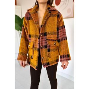 Manteau à carreaux moutarde et fuchsia pour femme, détail boutonné, simple boutonnage, taille XL, rembourrage en coton amovible, vente en gros pour l'automne, l'hiver et le printemps - Product Image 1