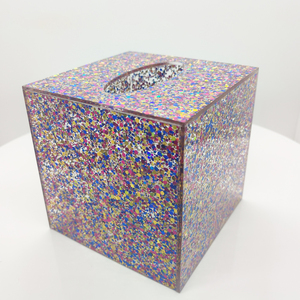 Boîte à mouchoirs carrée en acrylique de 3 mm d'épaisseur de marque ELM en gros, organisateur personnalisé avec paillettes scintillantes, boîte à serviettes de luxe <span class=keywords><strong>personnalisée</strong></span> - Product Image 3