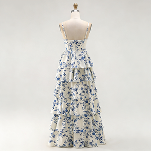Abito da ballo <span class=keywords><strong>lungo</strong></span> a strati <span class=keywords><strong>blu</strong></span> <span class=keywords><strong>con</strong></span> fiori, <span class=keywords><strong>spacco</strong></span> e schiena scoperta in chiffon floreale <span class=keywords><strong>con</strong></span> spalline sottili per donna - OEM - Product Image 2