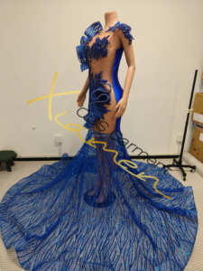 Vestido de Fiesta Elegante de Tul Transparente con Lentejuelas y Volantes de Ocstrade, Vestido de Graduación Azul Real de Lujo con Pedrería - Product Image 4