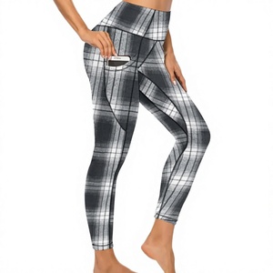 Custom Women's High Waist Buffalo Plaid <b>Leggings</b> with Pockets – Black and White <b>Checked</b> Tummy Control Athletic Workout Yoga Pant - Product Image 1