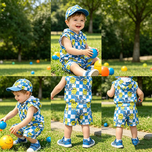Conjunto de chaleco con capucha y pantalón suelto de 2 piezas para bebé, personalizado de fábrica, venta al por mayor, estampado personalizado, unisex, de tela suave, para verano BD1-2 - Product Image 1