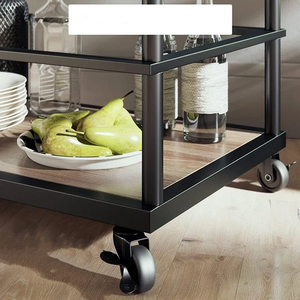 Porte-assaisonnement en bois massif à 2 niveaux polyvalent et personnalisé, roulettes, étagères de rangement au design contemporain pour le salon de l'hôtel. - Product Image 5