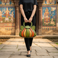 Tas Tangan Wanita Desainer Mewah Model Patchwork Unik Bentuk Kipas dengan Pegangan Anyaman Bundar, Tas Selempang
